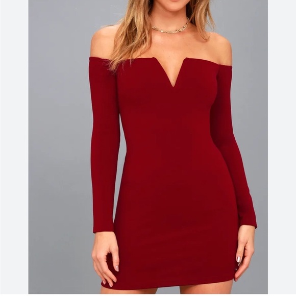 Lulus Over the Swoon Wine Red Off-the-Shoulder Bodycon Dress Sz S Women - Picture 2 of 10